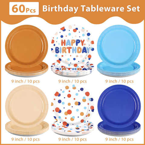 60 Pcs Orange Blue Colorful Dots Party Plates - Grencian
