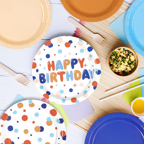 60 Pcs Orange Blue Colorful Dots Party Plates - Grencian