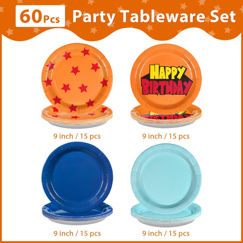 60 Pcs Orange and Blue Party Plates - Grencian