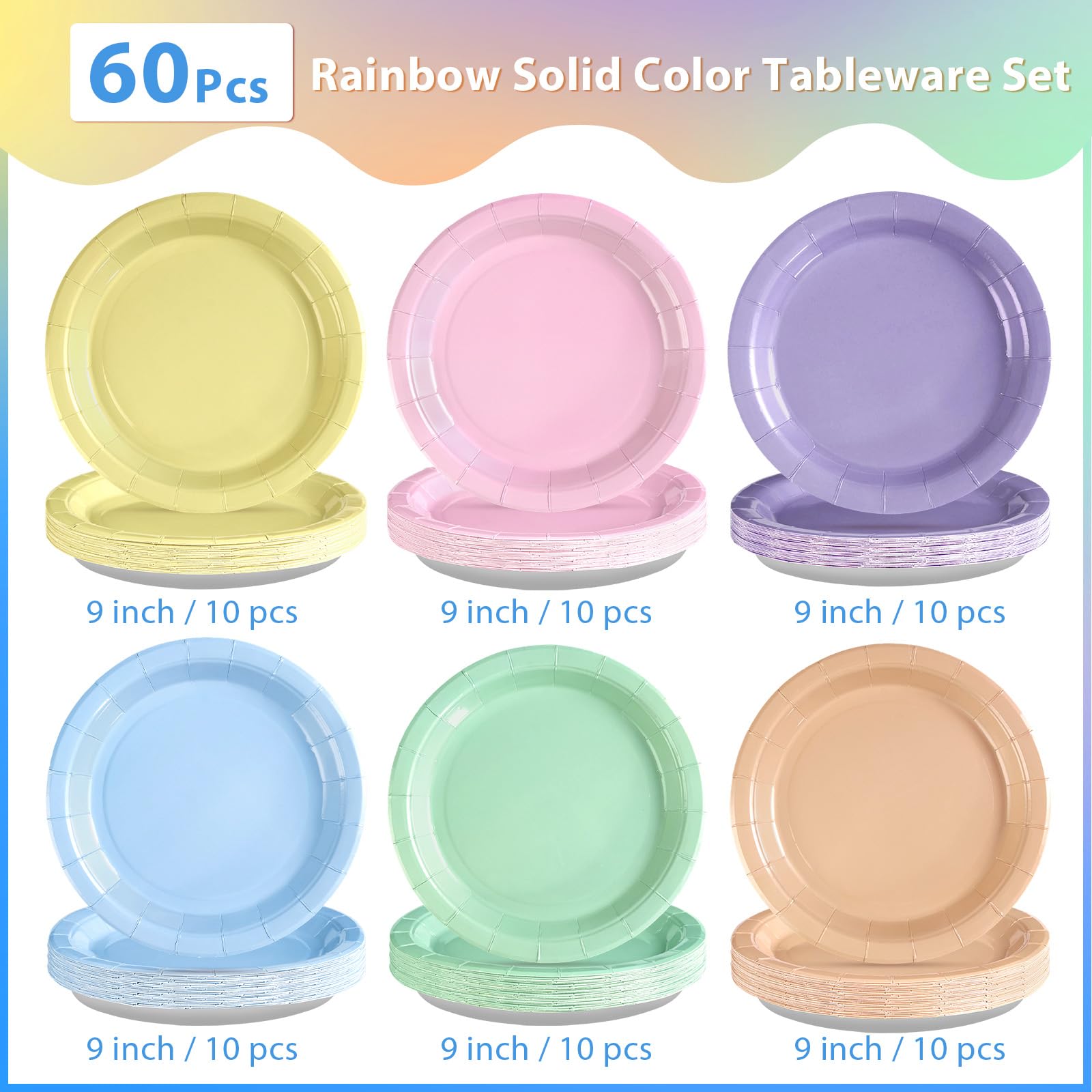 60 Pcs Pastel Rainbow Party Plates - Grencian
