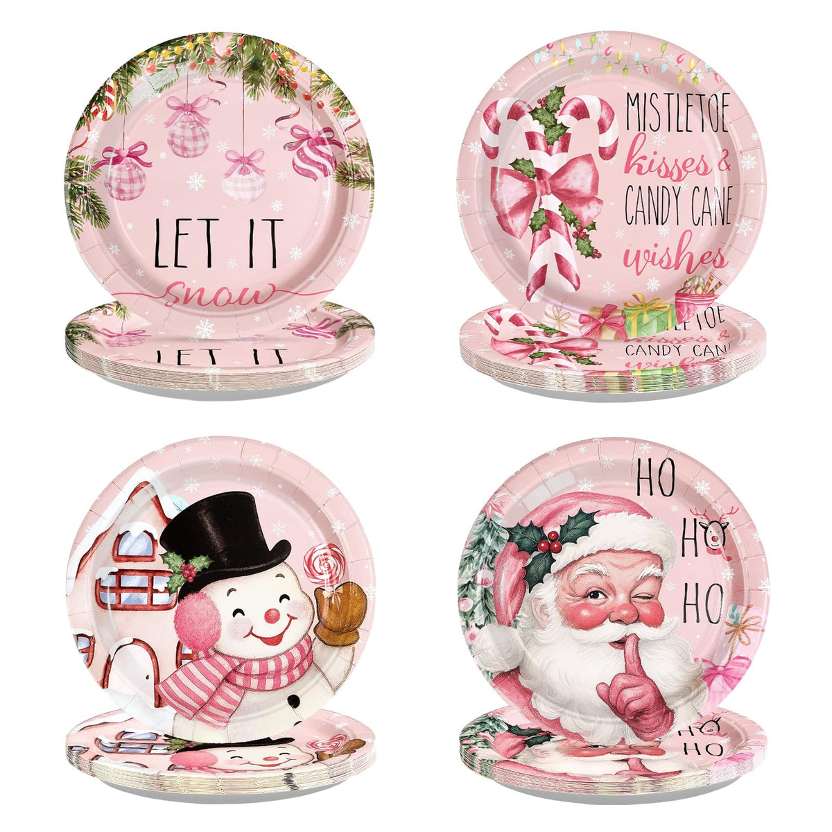 60 Pcs Pink Christmas Themed Party Plates - Grencian