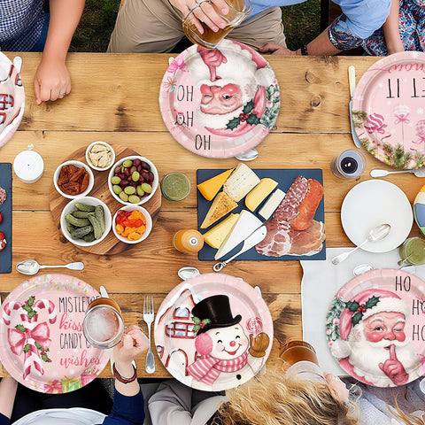 60 Pcs Pink Christmas Themed Party Plates - Grencian
