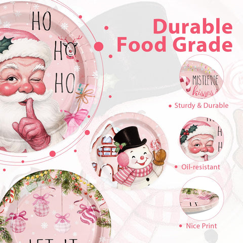 60 Pcs Pink Christmas Themed Party Plates - Grencian