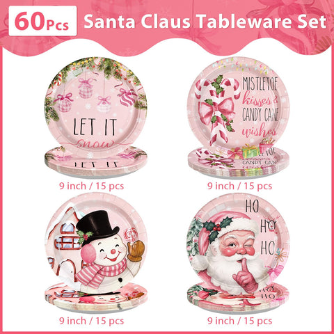60 Pcs Pink Christmas Themed Party Plates - Grencian
