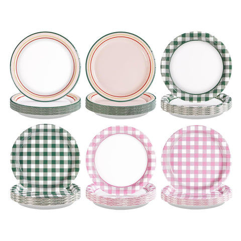60 Pcs Pink Green Gingham Party Plates - Grencian