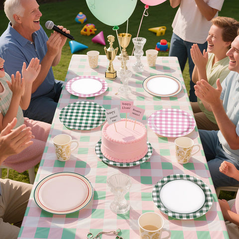 60 Pcs Pink Green Gingham Party Plates - Grencian