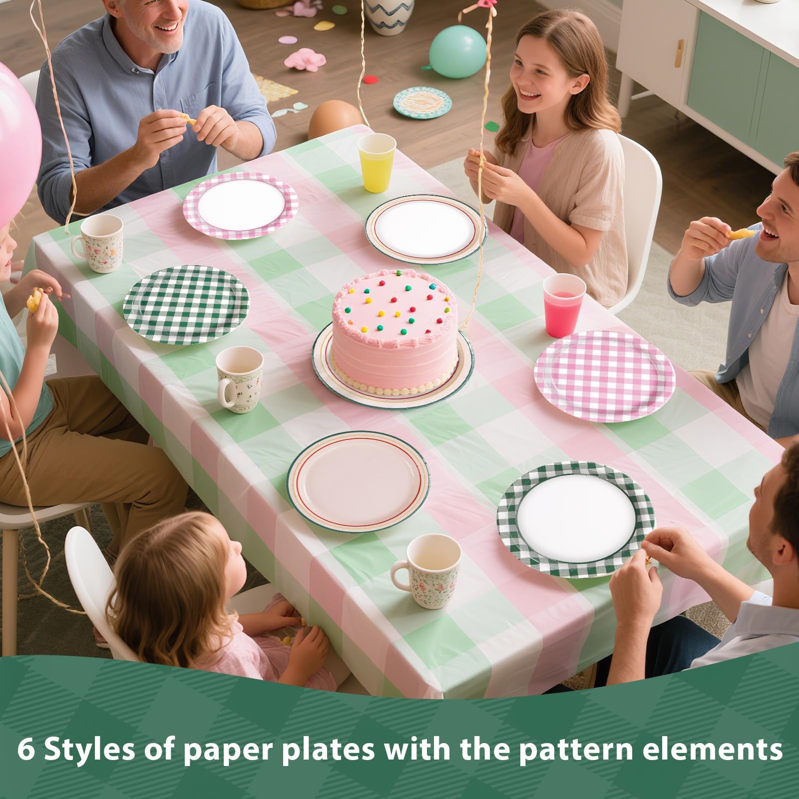 60 Pcs Pink Green Gingham Party Plates - Grencian