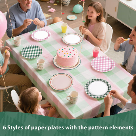 60 Pcs Pink Green Gingham Party Plates - Grencian