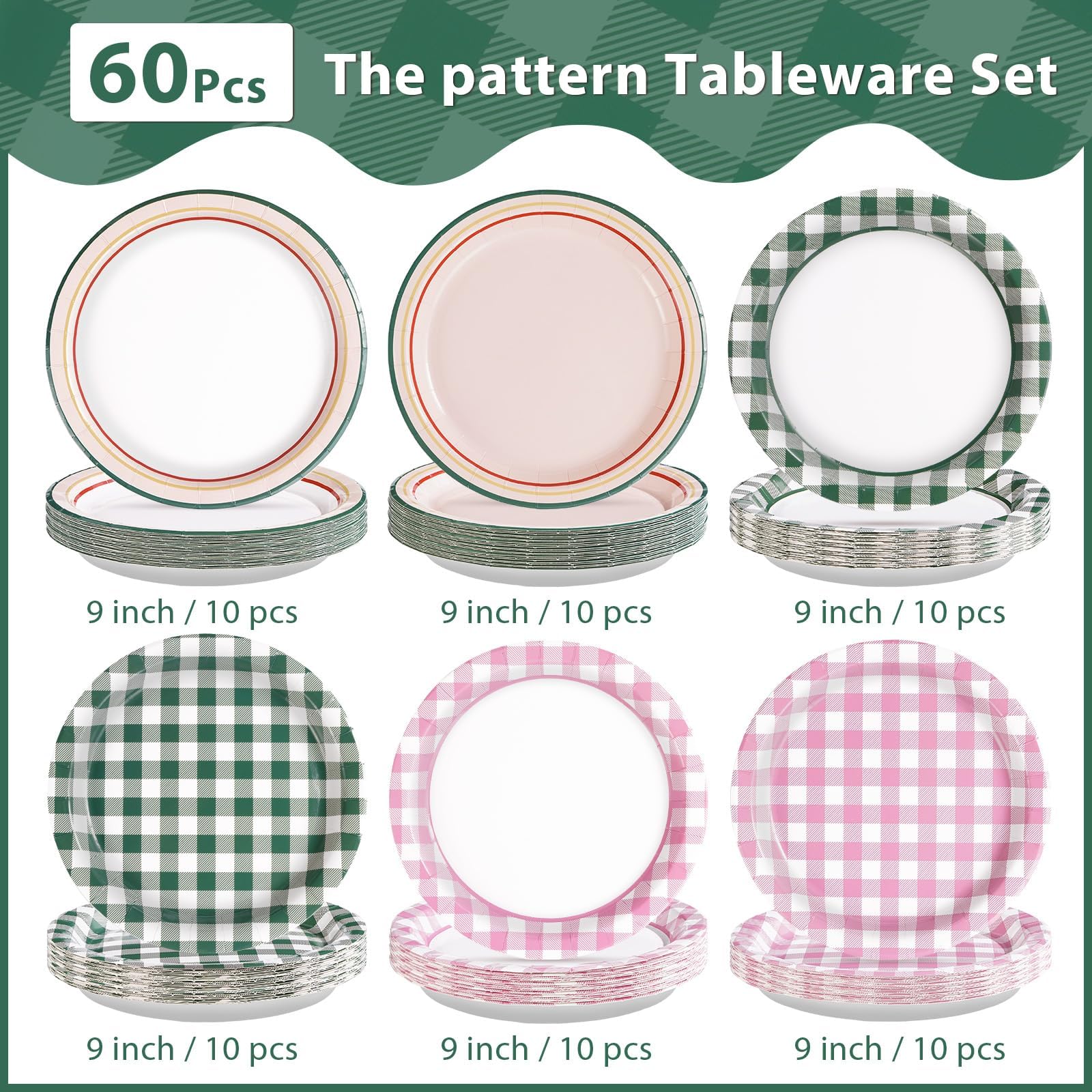 60 Pcs Pink Green Gingham Party Plates - Grencian
