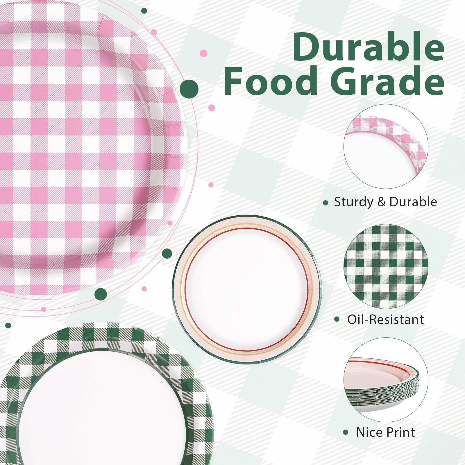 60 Pcs Pink Green Gingham Party Plates - Grencian