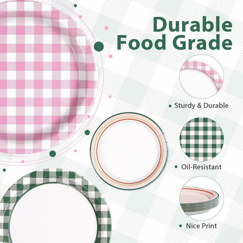 60 Pcs Pink Green Gingham Party Plates - Grencian
