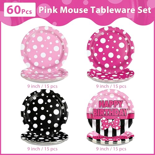 60 Pcs Pink Mouse Birthday Party Plates - Grencian