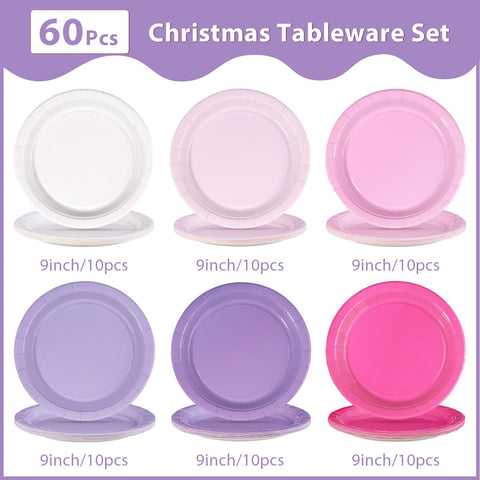 60 Pcs Pink and Purple Party Plates - Grencian