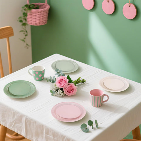 60 Pcs Pink and Sage Green Party Plates - Grencian