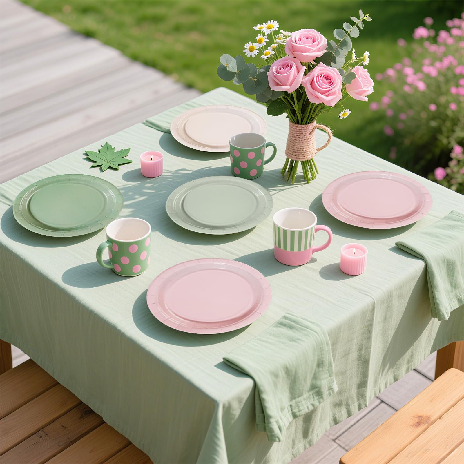 60 Pcs Pink and Sage Green Party Plates - Grencian