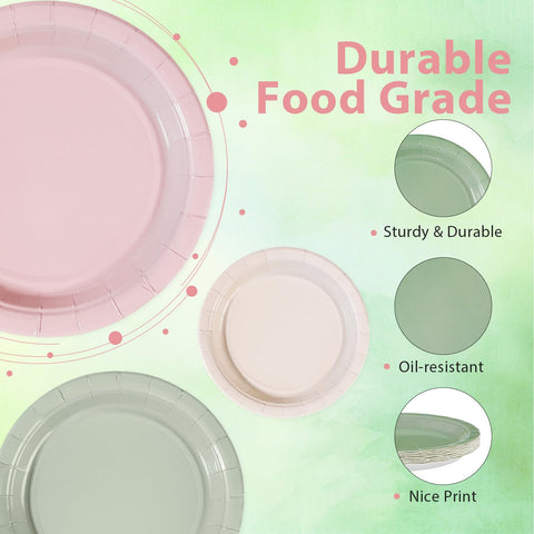 60 Pcs Pink and Sage Green Party Plates - Grencian