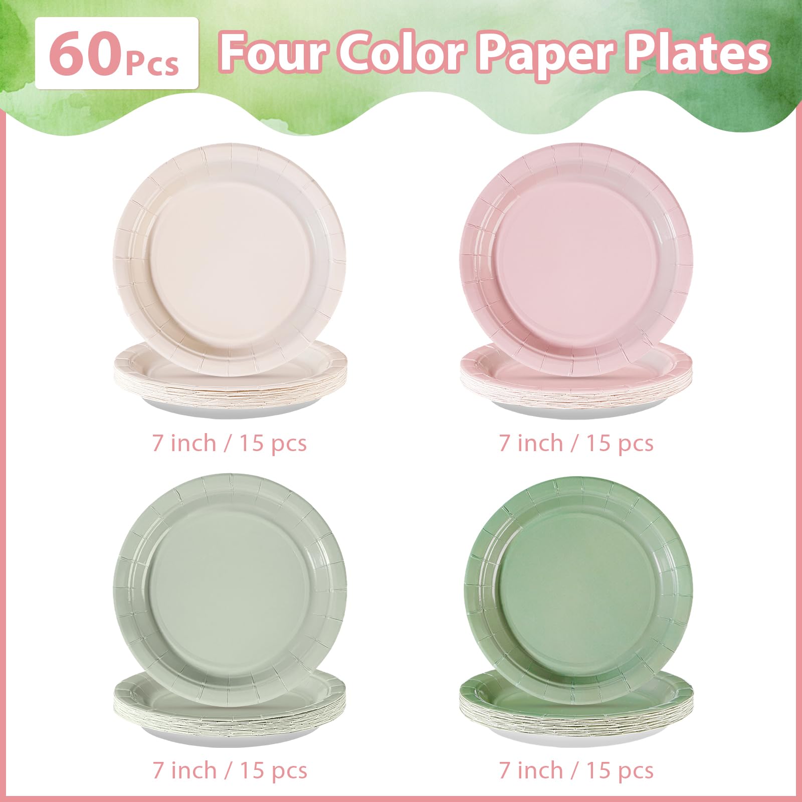 60 Pcs Pink and Sage Green Party Plates - Grencian