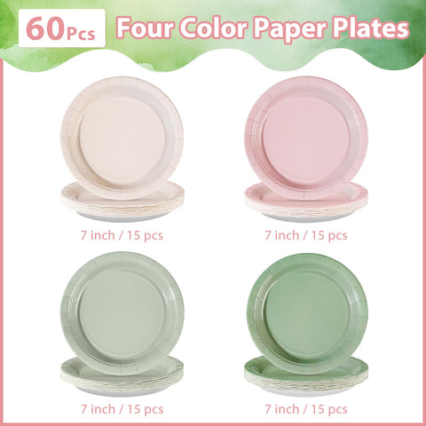 60 Pcs Pink and Sage Green Party Plates - Grencian