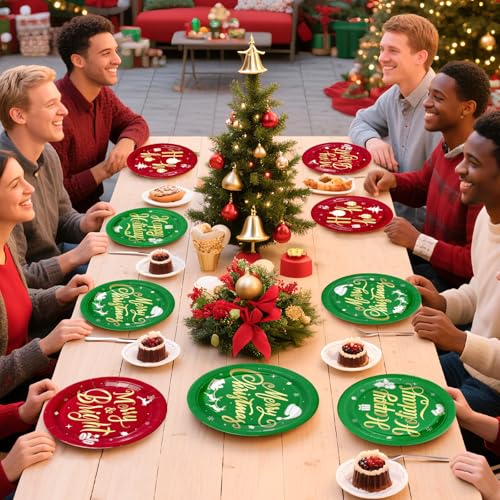 60 Pcs Red Green Merry Christmas Party Plates - Grencian