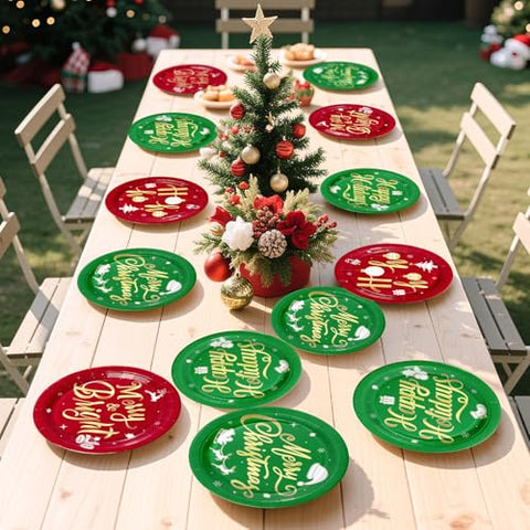 60 Pcs Red Green Merry Christmas Party Plates - Grencian