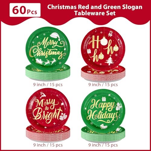 60 Pcs Red Green Merry Christmas Party Plates - Grencian