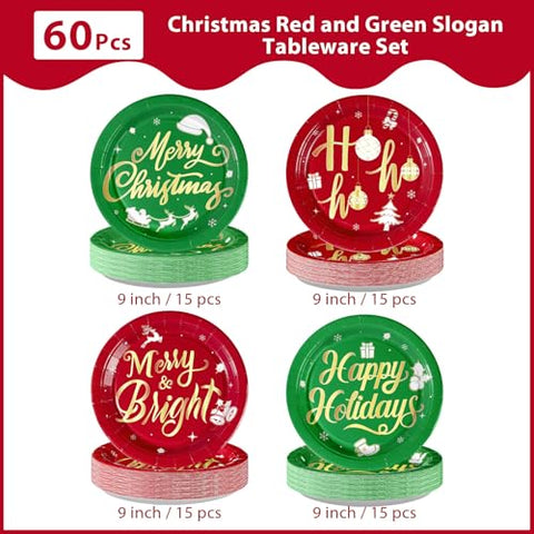 60 Pcs Red Green Merry Christmas Party Plates - Grencian