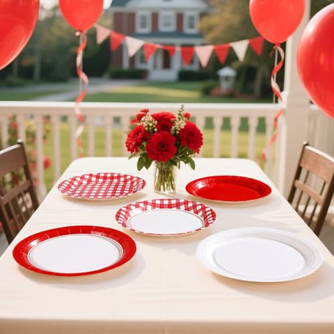 60 Pcs Red White Gingham Party Plates - Grencian