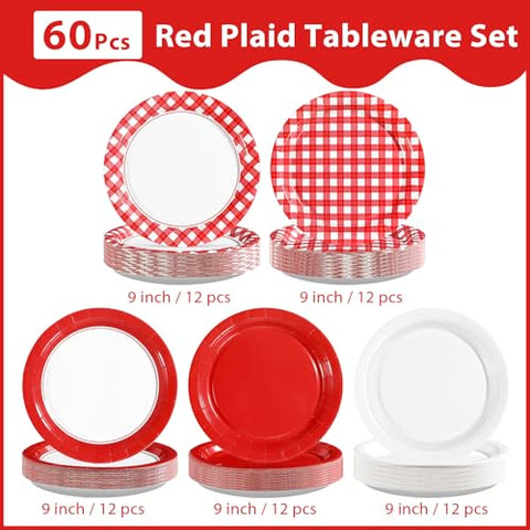 60 Pcs Red White Gingham Party Plates - Grencian