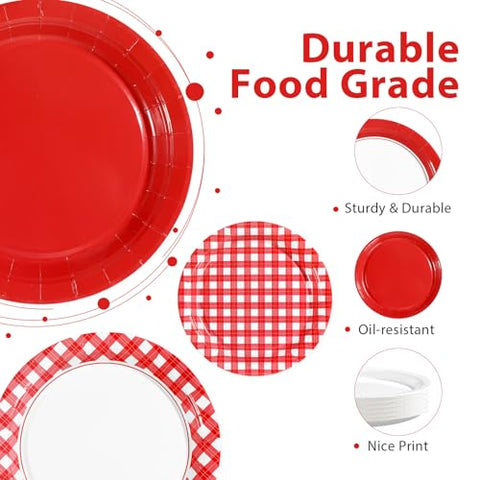 60 Pcs Red White Gingham Party Plates - Grencian