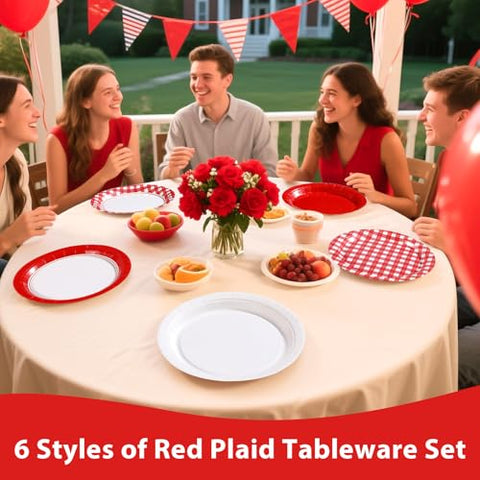 60 Pcs Red White Gingham Party Plates - Grencian