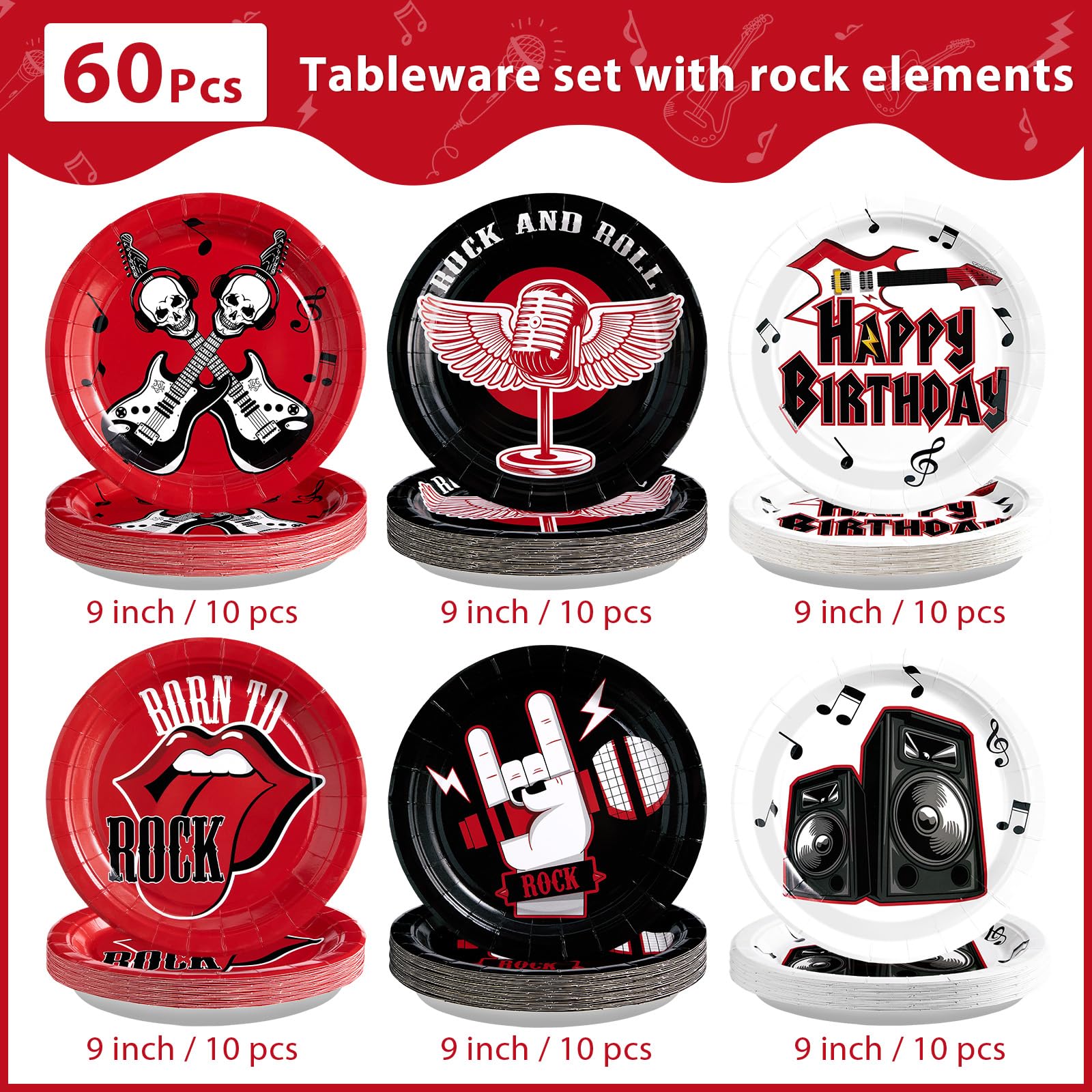 60 Pcs Rock and Roll Birthday Party Plates - Grencian
