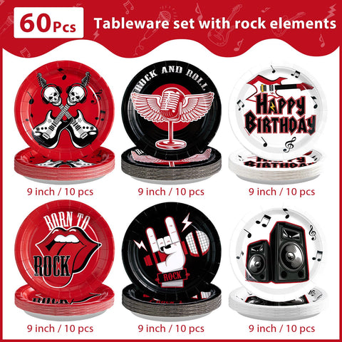 60 Pcs Rock and Roll Birthday Party Plates - Grencian