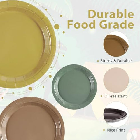 60 Pcs Sage Green Brown Party Plates - Grencian