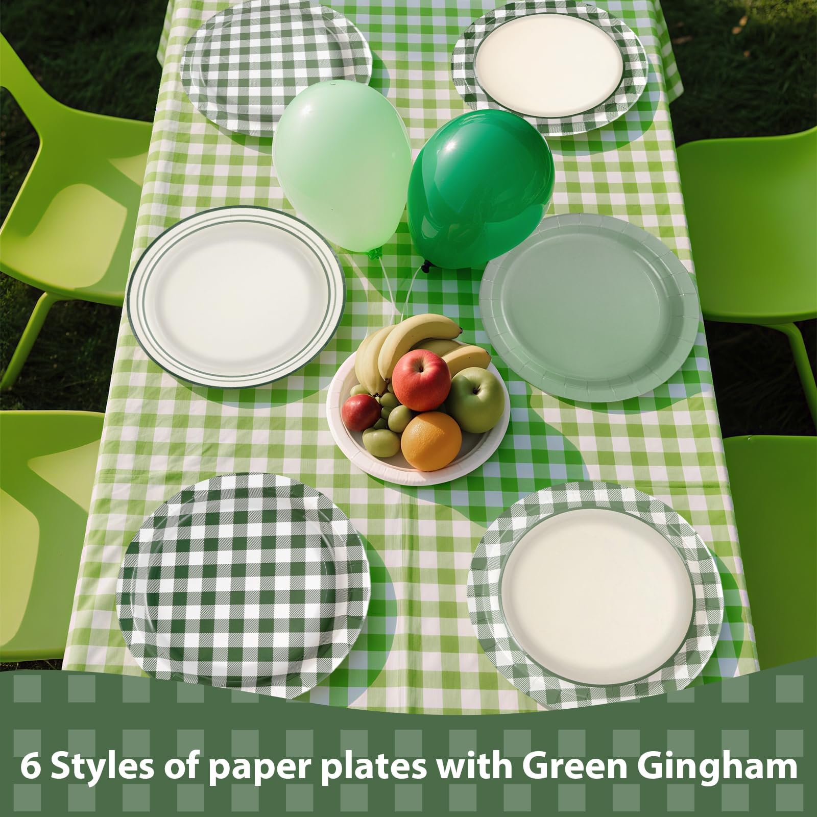 60 Pcs Sage Green Gingham Party Plates - Grencian