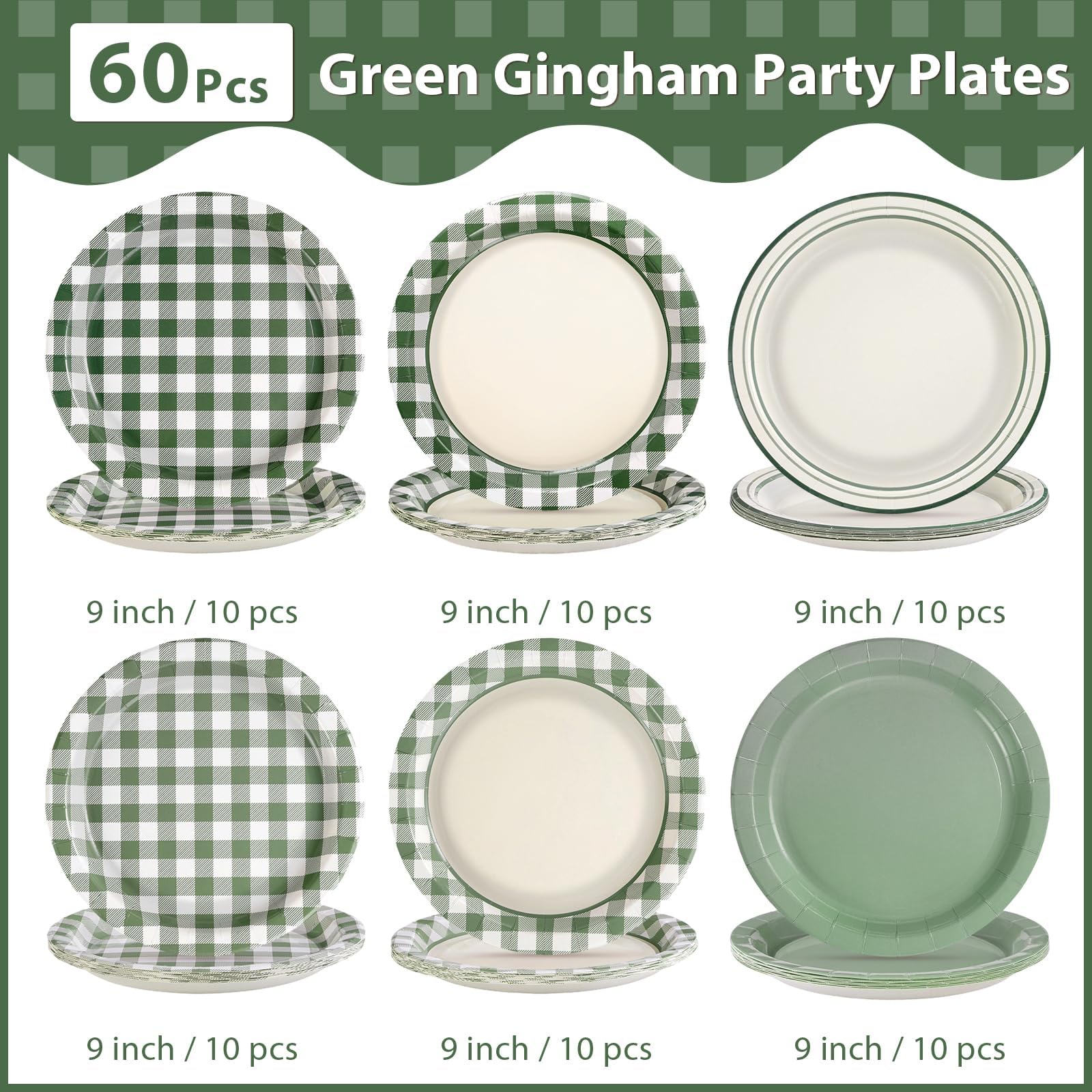 60 Pcs Sage Green Gingham Party Plates - Grencian