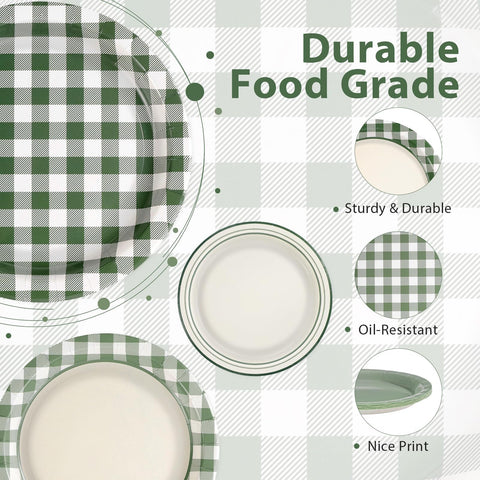 60 Pcs Sage Green Gingham Party Plates - Grencian