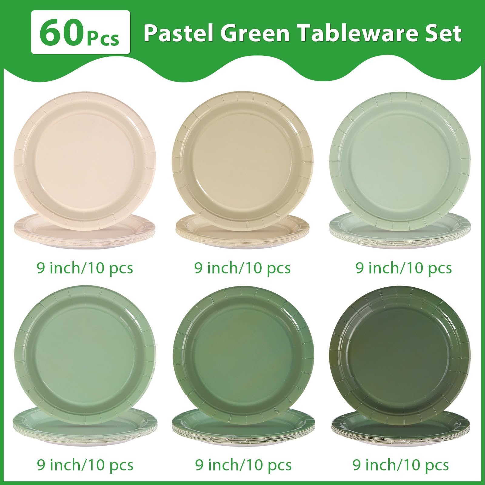 60 Pcs Sage Green Party Plates - Grencian