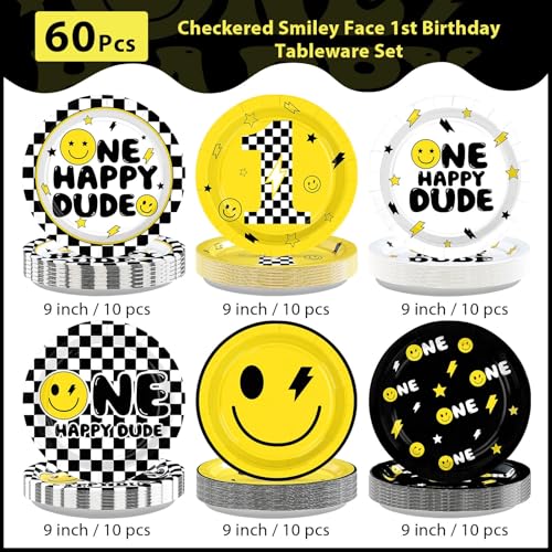 60 Pcs Smile Face 1st Birthday Party Plates - Grencian