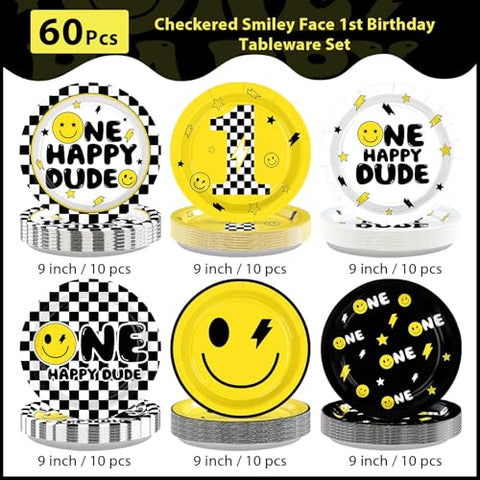 60 Pcs Smile Face 1st Birthday Party Plates - Grencian