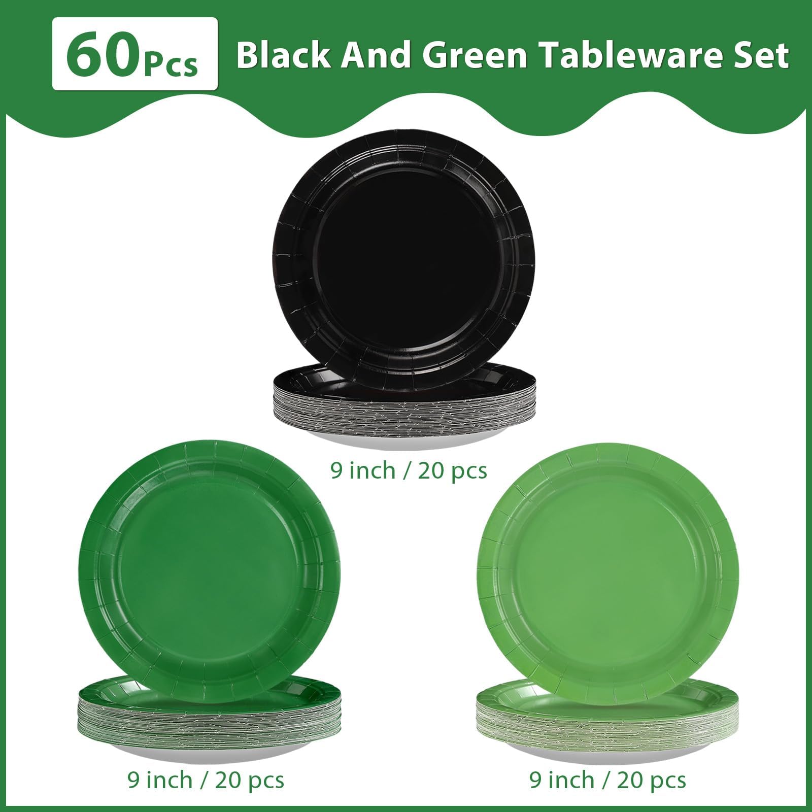 60 Pcs Solid Green Black Party Plates - Grencian