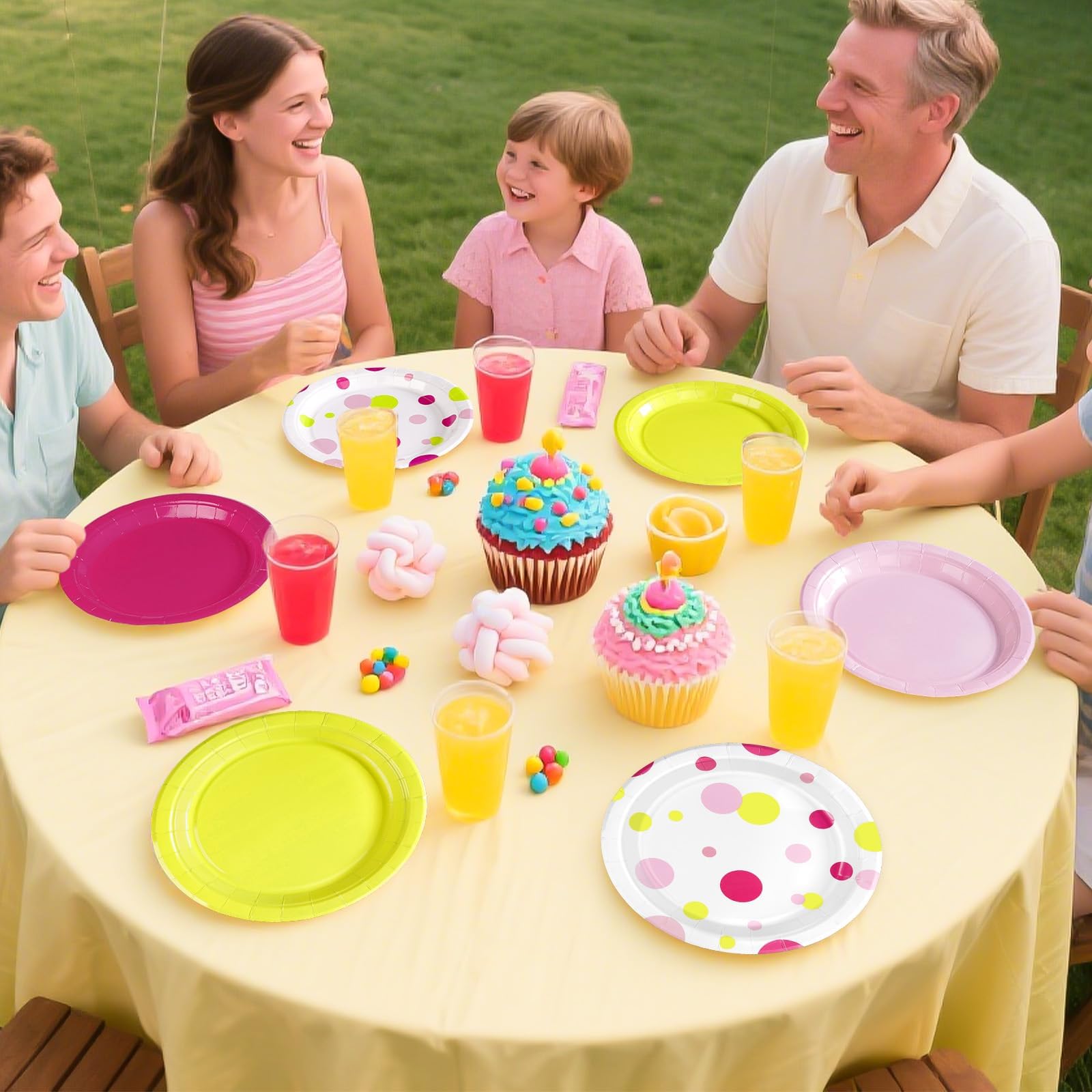 60 Pcs Solid Pink Rose Polka Dots Party Plates - Grencian