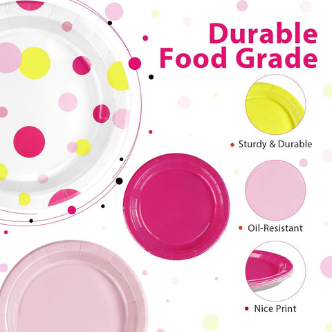 60 Pcs Solid Pink Rose Polka Dots Party Plates - Grencian