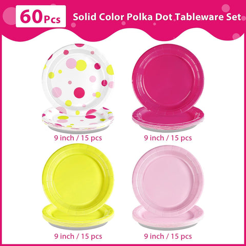 60 Pcs Solid Pink Rose Polka Dots Party Plates - Grencian