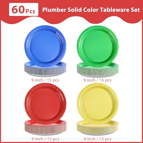 60 Pcs Solid Red Green Blue Yellow Party Plates - Grencian