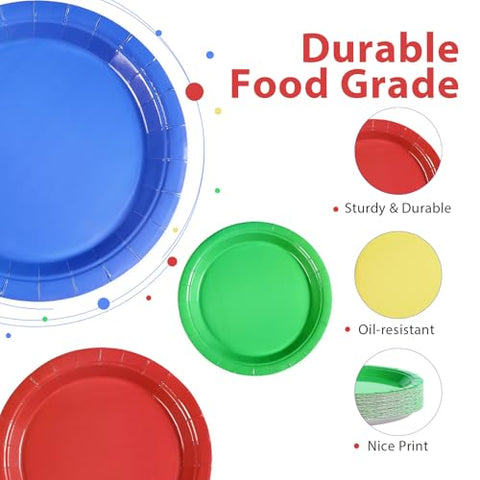 60 Pcs Solid Red Green Blue Yellow Party Plates - Grencian