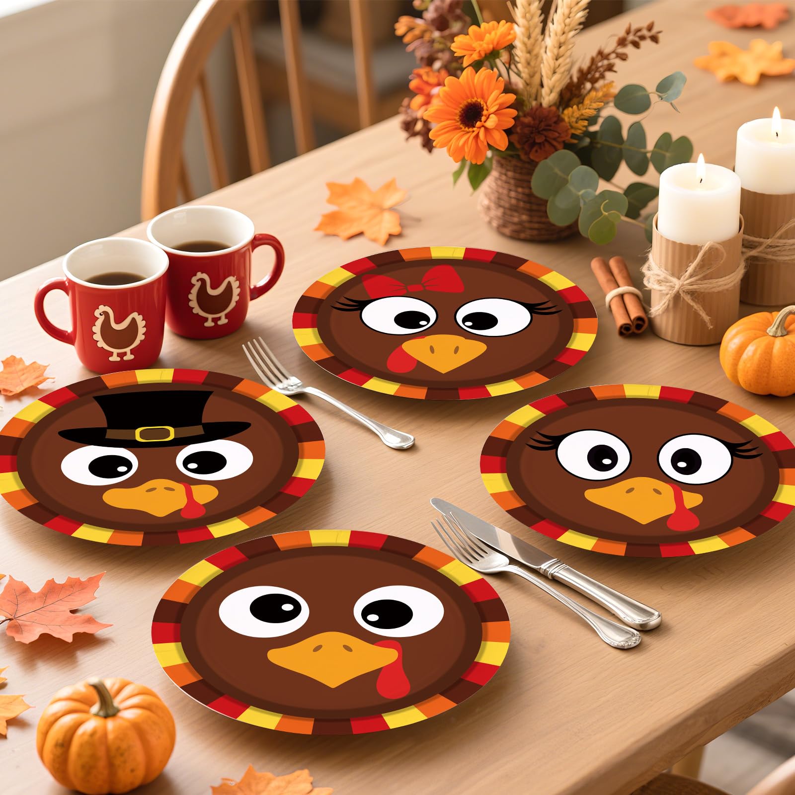 60 Pcs Thanksgiving Turkey Face Party Plates - Grencian