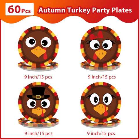 60 Pcs Thanksgiving Turkey Face Party Plates - Grencian