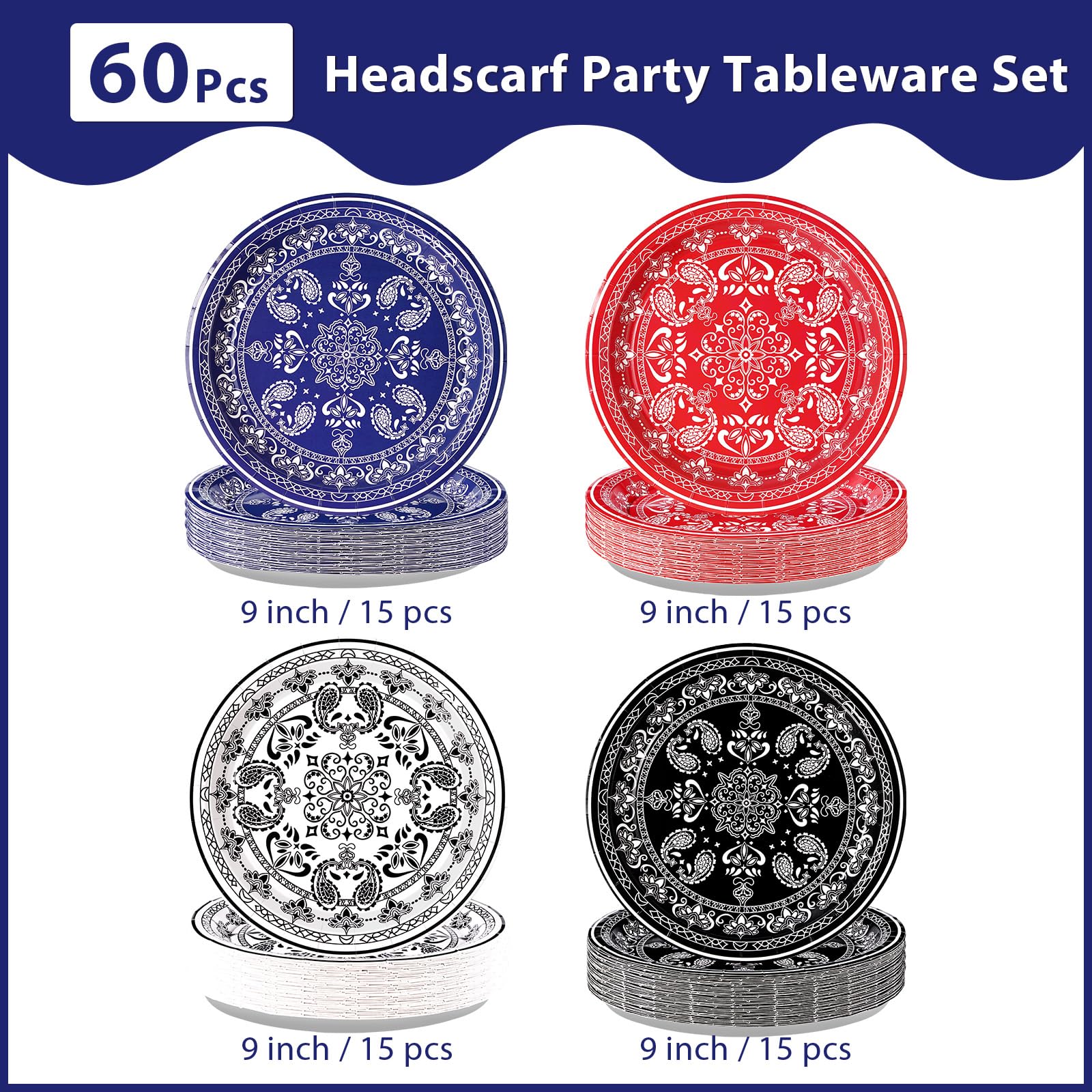 60 Pcs Western Bandana Party Plates - Grencian