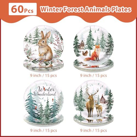 60 Pcs Winter Woodland Animals Party Plates