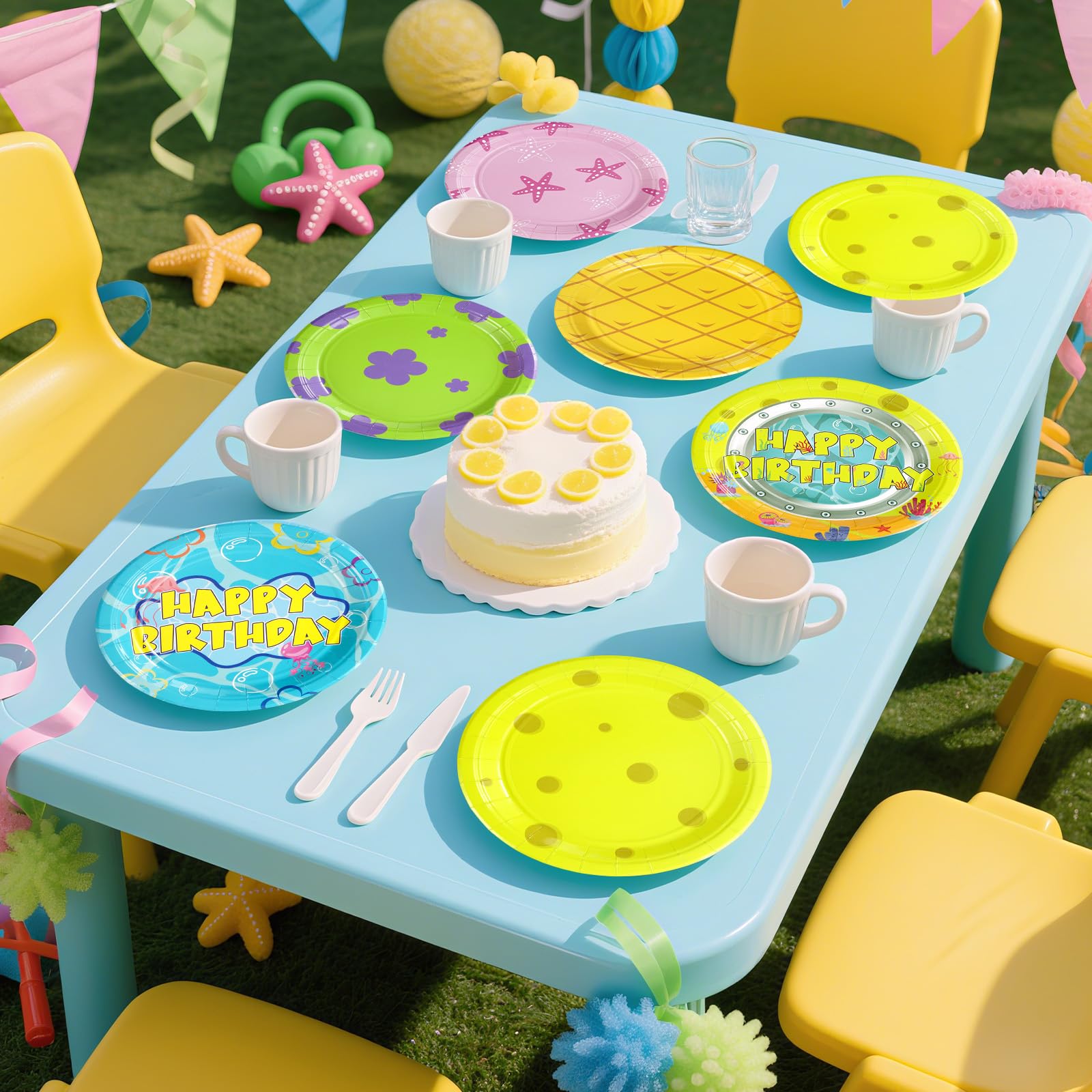 60 Pcs Yellow Cartoon Birthday Party Plates - Grencian